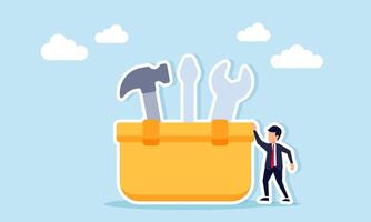 Businessman standing next to a tool kit box containing a screwdriver, hammer, and wrench, illustration of being ready to perform business maintenance vector