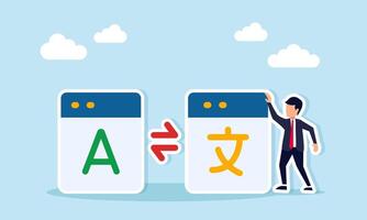 Businessman standing next to information exchange between two language apps, illustration of cultural acculturation or globalization in language vector