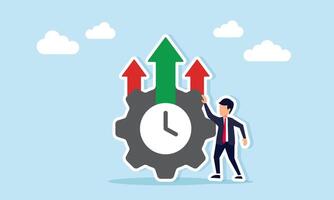 Businessman standing next to a gear with an upward arrow and clock hand, illustration of improved business system performance and operational efficiency vector