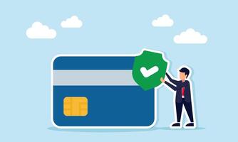 Businessman holding a shield with a check mark beside a credit or debit card, illustration of business financial stability and secure transaction management vector