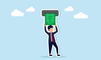 Businessman withdrawing money from an ATM, illustration of maintaining financial stability and ensuring access to secure and reliable cash flow management vector