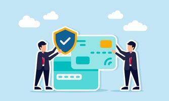 Businessman holding a debit or credit card beside other cards, while another businessman holds a shield with a check mark, illustration of secure cashless transactions vector