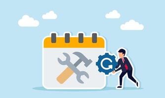 Businessman standing next to a calendar marked with a hammer and wrench, holding a gear with a continuous symbol, illustration of scheduled business maintenance vector
