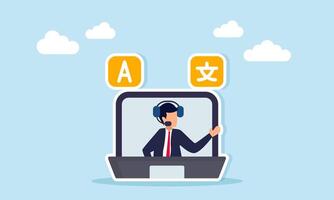 Businessman inside a laptop wear headphones share information about a chat dialog marked with Chinese and alphabet symbols, illustration of a digital and online language translator vector