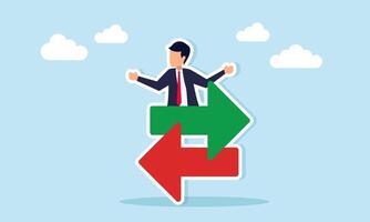 Businessman standing behind an icon of arrows pointing in opposite directions, illustration of business data exchange and information collaboration for growth vector
