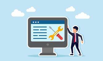 Businessman standing next to a monitor displaying a screwdriver and wrench, illustration of online and digital alarm related to routine service schedule vector
