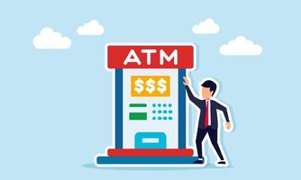 Businessman standing next to an ATM, illustration of maintaining financial stability through saving and investing for long-term growth and security vector