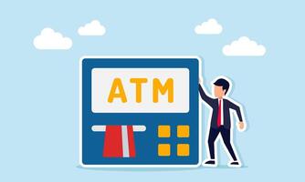 Businessman standing next to an ATM, illustration of maintaining financial stability through saving money and managing funds for future needs and security vector