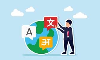 Businessman stand next to a globe marked with alphabet and Tagalog, holding a chat dialog marked with Mandarin, illustration of cultural acculturation including language promotion vector