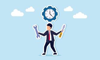 Businessman holding a screwdriver and wrench with a gear labeled with a clock, illustration of time for maintenance of business workflow and production machines vector