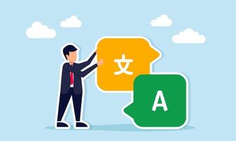 Businessman holding a chat dialog marked with Mandarin next to a chat dialog marked with the alphabet, illustration of cultural acculturation or globalization in language vector
