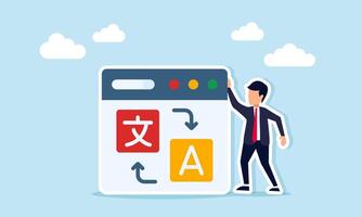 Businessman standing beside language translator app interface, illustration of cultural acculturation or globalization in language vector