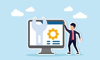 Businessman standing next to a monitor displaying a wrench and gear, illustration of maintaining business work system vector