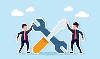 Businessman holding a screwdriver and another holding a wrench, illustration of teamwork in maintaining business performance vector