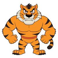 Cartoon tiger mascot with angry expression and muscular build standing proudly vector