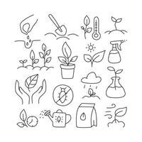 Growing plants, farming. Set of doodle icons vector