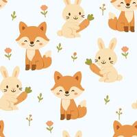 Cute seamless pattern with fox, bunny on white. Simple illustration for print textile or paper. Child design Kawaii little animals vector