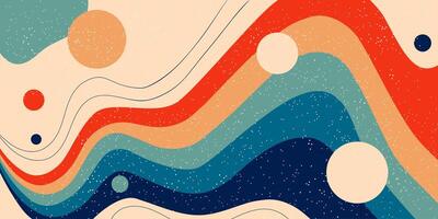 Wavy psychedelic retro banner with colorful stripes. Painted wall with the abstract circles and paint drops. Old-fashioned 1970s design aesthetic, illustrations. vector