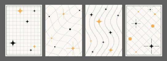 Retro vertical posters, set of techno backgrounds and paper covers in y2k aesthetics. 2000s covers, backdrops and pages with geometric and distorted grids and blinks. design elements. vector