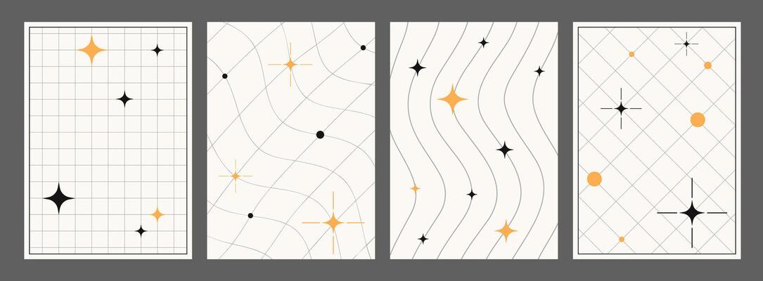 Retro vertical posters, set of techno backgrounds and paper covers in y2k aesthetics. 2000s covers, backdrops and pages with geometric and distorted grids and blinks. design elements.