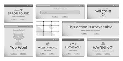 Computer windows graphic monochrome set, retro pc interfaces with text and buttons, decorative dialog screens. illustrations. vector