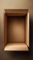 open empty cardboard box top view on brown background photo