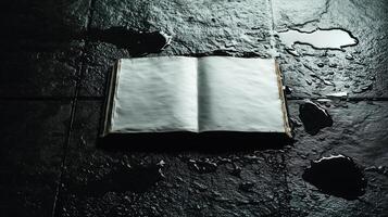 Open book with blank pages lying on wet black stone tiles, moody lighting and dark atmosphere photo