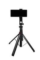 A tripod designed for smartphones, featuring an adjustable mount and a Bluetooth shutter for convenience. photo