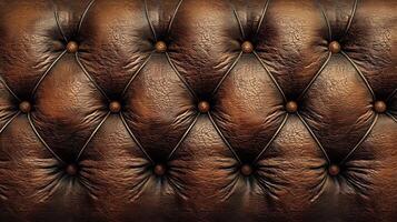 A close-up shot of classic brown tufted leather, showcasing its luxurious texture and intricate button design. photo