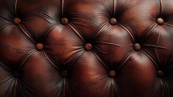 A vintage dark brown leather surface with button tufting, emphasizing its refined texture and sophisticated appeal. photo