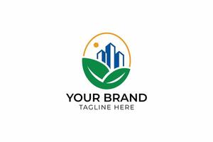 Eco Friendly Property Logo Skyscrapers and Green Leaf Elements for Modern Branding vector