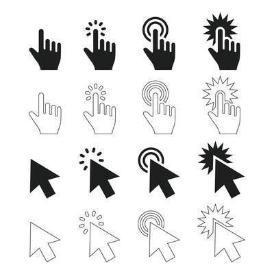 Cursor icon set. Mouse pointer symbol collection. Finger cursor illustration. Pointer and click action outline symbol collection. Editable stroke.