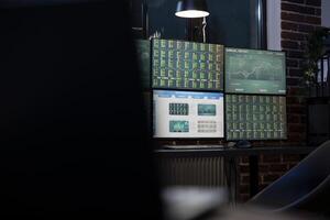 High tech office at night with digital screens showing forex charts. A dimly lit workplace with multiple monitors displaying stock market graphs and statistics, prepared for the next trading shift. photo