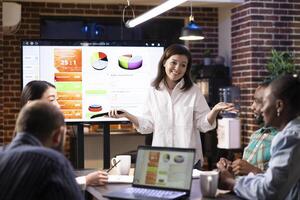 Caucasian female manager presenting marketing strategies to team using digital monitor. Diverse coworkers collaborate in startup office, analyzing project plans with technology and financial charts. photo