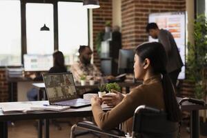 Female business leader in a wheelchair engages in a conference with potential investors from her desk. Asian female manager holds a virtual discussion with her remote colleagues. photo