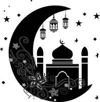 Ramadan Mosque Crescent Moon with Floral and Lantern Elements vector