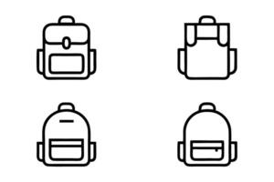 Assorted line art backpack icons showcasing various shapes and features, perfect for outdoor, travel, and student related themes, line art icon set vector