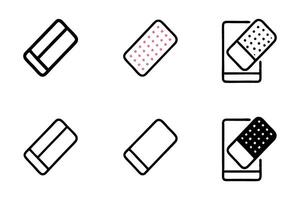 Line art icon set of erasers in different positions, showcasing various eraser designs and their unique features, perfect for creative use in digital projects. vector