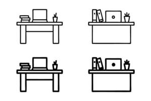 Line Art Icon Set Teachers Desk Scene with Laptop, Coffee, and Books on Transparent Background, Perfect for School, Office, and Work Environment Themes. vector
