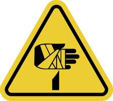 Hand injury sign. Risk of cuts, pricks or other injuries to hands when in contact with sharp, cutting or jagged surfaces. Warning yellow triangle road sign. vector