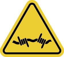 Barbed wire sign. May cause injury on contact. Beware of dangerous fence. Caution, sharp edge. Closed areas. Warning yellow triangle road sign. vector