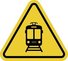 Train sign. Railway sign. Warns of approaching railway tracks and possible movement of a train. Be attentive and careful when crossing railway tracks. Warning yellow triangle road sign. vector