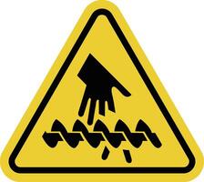 Hand injury sign. Equipment with dangerous sharp parts. Conveyors with metal hooks. Working with dangerous equipment. Warning yellow triangle road sign. vector