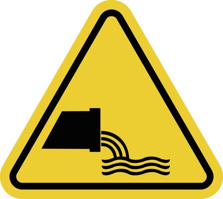 Sign waste water. Waste or polluted water that may pose a health hazard and environmental pollution. Avoid contact with water. Warning yellow triangle road sign.