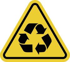 Recycling sign. Three arrows forming a triangle. Recyclable waste collection or processing area. Warning yellow triangle road sign. vector