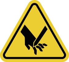 Hand injury sign. Sharp cutting or piercing objects. Cut or dangerous contact. Risk of crushing. Mechanisms with open sharp elements. Warning yellow triangle road sign. vector