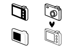 multiple camera types with foldable screens and modern features, including a heart shaped design for personal touch, line art icon set vector
