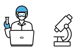 Scientist with blue hair in lab coat using laptop, microscope and test tube in a laboratory setting, scientific research concept, education and innovation tech line art icon set vector