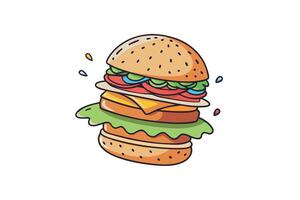 Fresh ingredients like tomato, lettuce, and cheese flying into a perfect hamburger with a fun, playful design vector