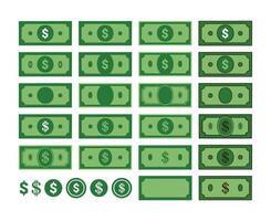 Money and Dollar Set, Different Green Bill Designs vector